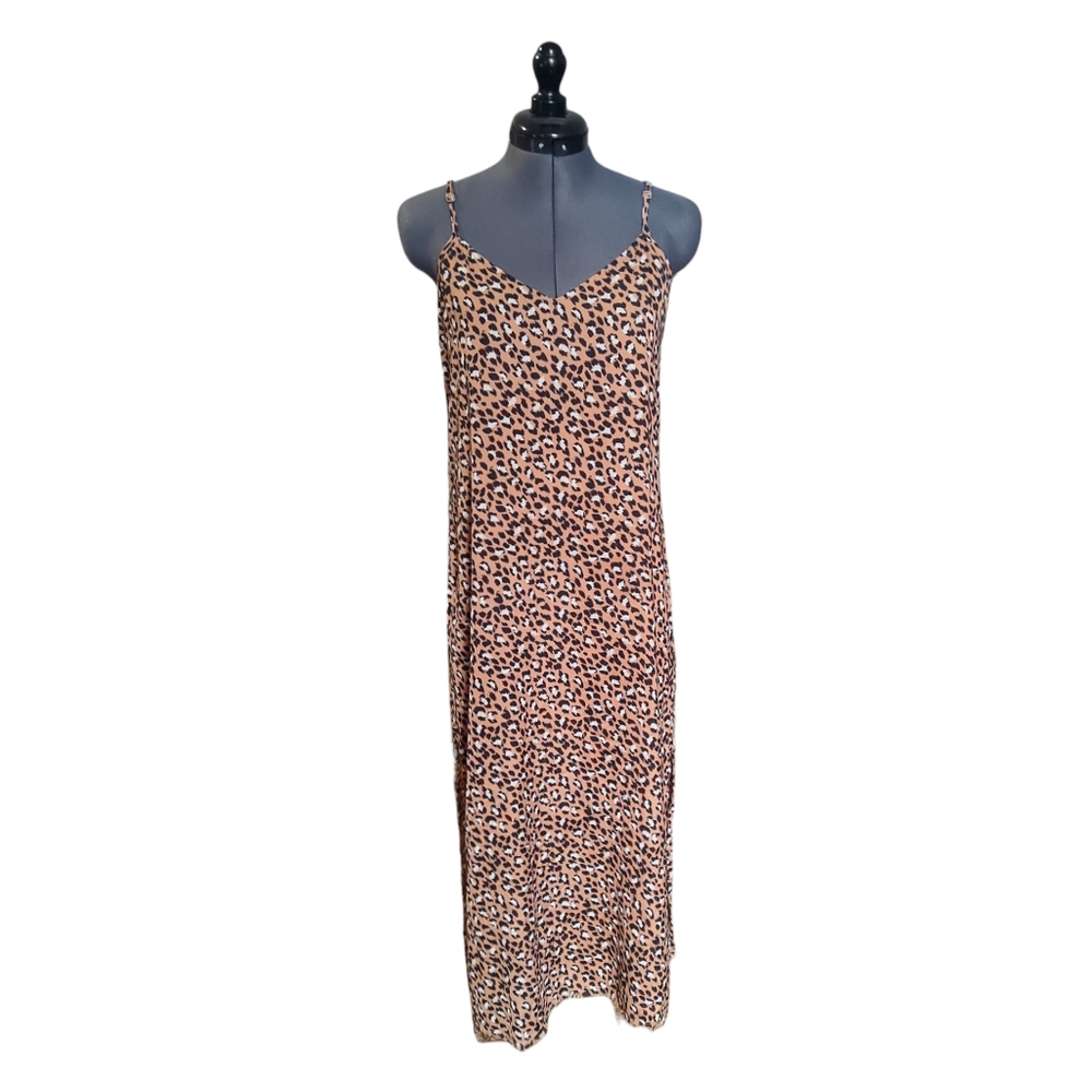 Aerie Dress Leopard Print Maxi Dress Size Small Double Slit, Fringe Hem‎